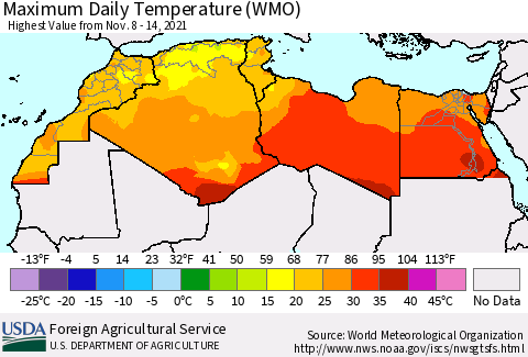 North Africa Maximum Daily Temperature (WMO) Thematic Map For 11/8/2021 - 11/14/2021