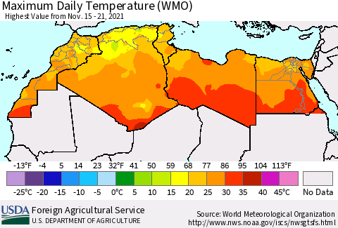 North Africa Maximum Daily Temperature (WMO) Thematic Map For 11/15/2021 - 11/21/2021