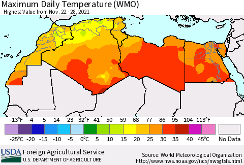North Africa Maximum Daily Temperature (WMO) Thematic Map For 11/22/2021 - 11/28/2021