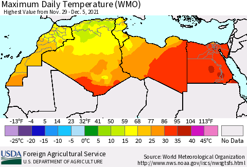 North Africa Maximum Daily Temperature (WMO) Thematic Map For 11/29/2021 - 12/5/2021