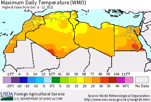 North Africa Maximum Daily Temperature (WMO) Thematic Map For 12/6/2021 - 12/12/2021