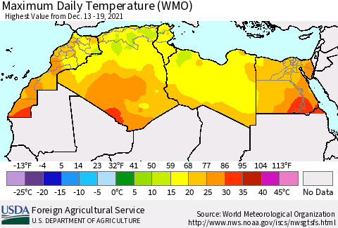 North Africa Maximum Daily Temperature (WMO) Thematic Map For 12/13/2021 - 12/19/2021