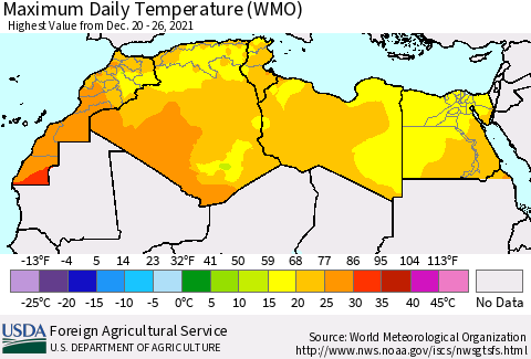 North Africa Maximum Daily Temperature (WMO) Thematic Map For 12/20/2021 - 12/26/2021