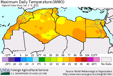 North Africa Maximum Daily Temperature (WMO) Thematic Map For 1/3/2022 - 1/9/2022