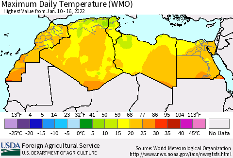 North Africa Maximum Daily Temperature (WMO) Thematic Map For 1/10/2022 - 1/16/2022
