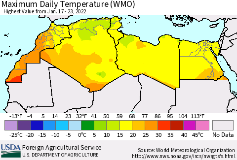 North Africa Maximum Daily Temperature (WMO) Thematic Map For 1/17/2022 - 1/23/2022