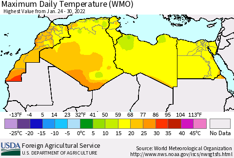 North Africa Maximum Daily Temperature (WMO) Thematic Map For 1/24/2022 - 1/30/2022
