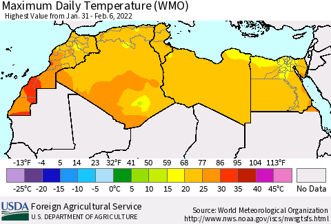 North Africa Maximum Daily Temperature (WMO) Thematic Map For 1/31/2022 - 2/6/2022