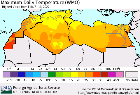 North Africa Maximum Daily Temperature (WMO) Thematic Map For 2/7/2022 - 2/13/2022
