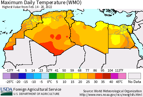 North Africa Maximum Daily Temperature (WMO) Thematic Map For 2/14/2022 - 2/20/2022