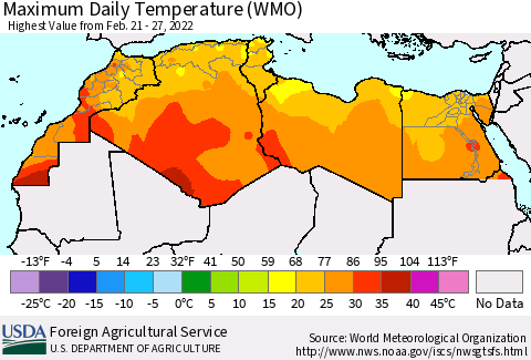 North Africa Maximum Daily Temperature (WMO) Thematic Map For 2/21/2022 - 2/27/2022