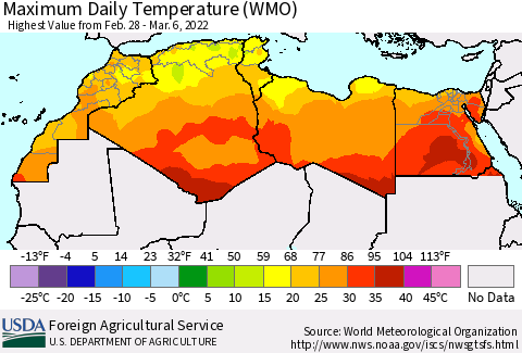 North Africa Maximum Daily Temperature (WMO) Thematic Map For 2/28/2022 - 3/6/2022