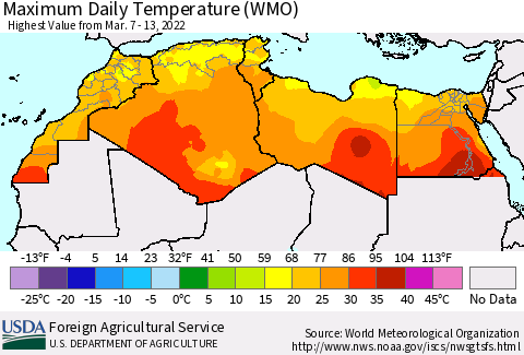 North Africa Maximum Daily Temperature (WMO) Thematic Map For 3/7/2022 - 3/13/2022