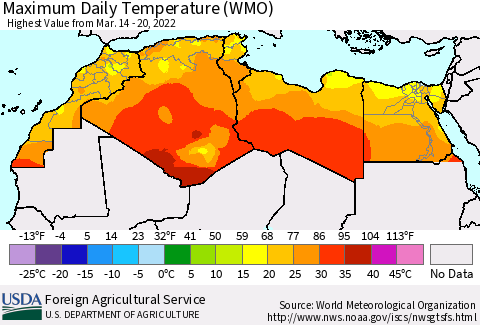North Africa Maximum Daily Temperature (WMO) Thematic Map For 3/14/2022 - 3/20/2022