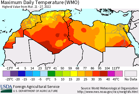 North Africa Maximum Daily Temperature (WMO) Thematic Map For 3/21/2022 - 3/27/2022
