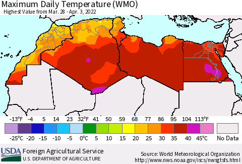 North Africa Maximum Daily Temperature (WMO) Thematic Map For 3/28/2022 - 4/3/2022