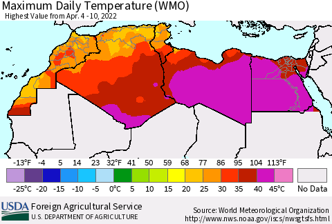 North Africa Maximum Daily Temperature (WMO) Thematic Map For 4/4/2022 - 4/10/2022