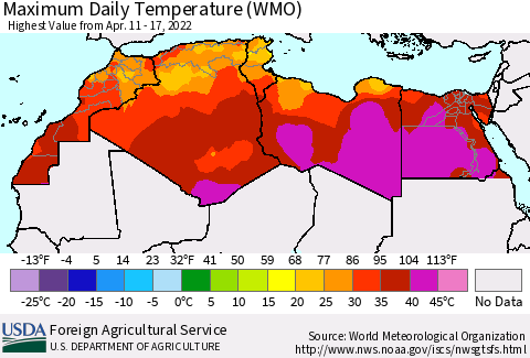 North Africa Maximum Daily Temperature (WMO) Thematic Map For 4/11/2022 - 4/17/2022