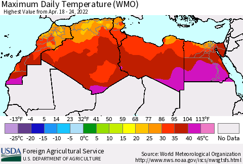 North Africa Maximum Daily Temperature (WMO) Thematic Map For 4/18/2022 - 4/24/2022