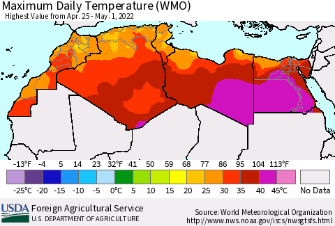 North Africa Maximum Daily Temperature (WMO) Thematic Map For 4/25/2022 - 5/1/2022