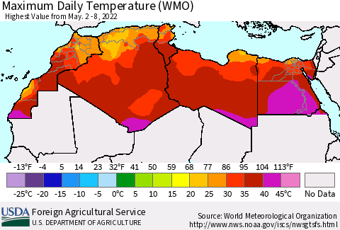 North Africa Maximum Daily Temperature (WMO) Thematic Map For 5/2/2022 - 5/8/2022