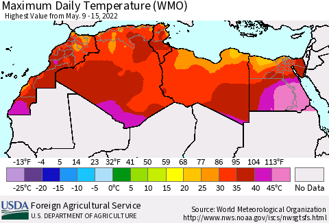 North Africa Maximum Daily Temperature (WMO) Thematic Map For 5/9/2022 - 5/15/2022