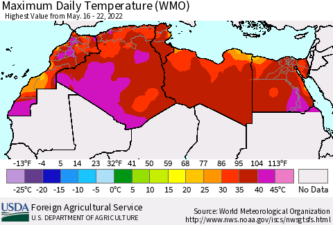North Africa Maximum Daily Temperature (WMO) Thematic Map For 5/16/2022 - 5/22/2022