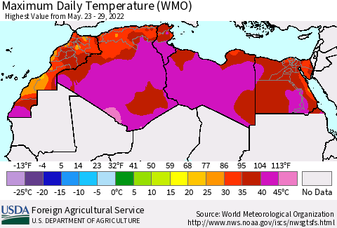 North Africa Maximum Daily Temperature (WMO) Thematic Map For 5/23/2022 - 5/29/2022
