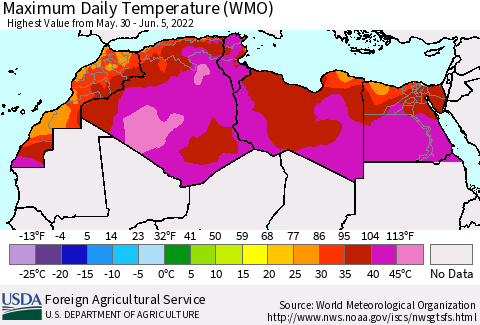 North Africa Maximum Daily Temperature (WMO) Thematic Map For 5/30/2022 - 6/5/2022