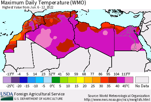 North Africa Maximum Daily Temperature (WMO) Thematic Map For 6/6/2022 - 6/12/2022