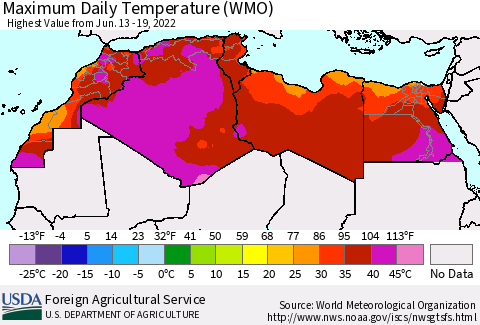 North Africa Maximum Daily Temperature (WMO) Thematic Map For 6/13/2022 - 6/19/2022
