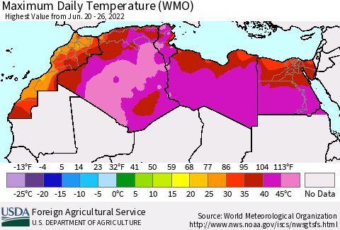 North Africa Maximum Daily Temperature (WMO) Thematic Map For 6/20/2022 - 6/26/2022
