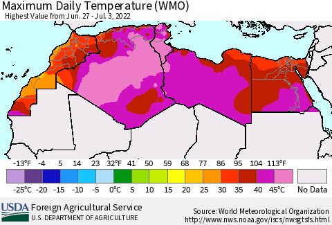 North Africa Maximum Daily Temperature (WMO) Thematic Map For 6/27/2022 - 7/3/2022