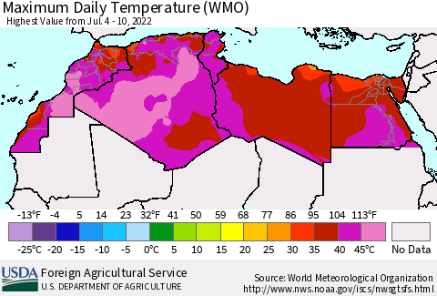 North Africa Maximum Daily Temperature (WMO) Thematic Map For 7/4/2022 - 7/10/2022