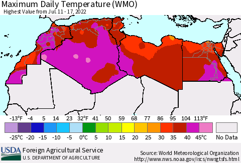 North Africa Maximum Daily Temperature (WMO) Thematic Map For 7/11/2022 - 7/17/2022