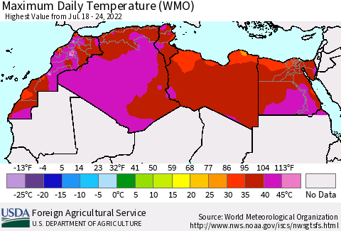 North Africa Maximum Daily Temperature (WMO) Thematic Map For 7/18/2022 - 7/24/2022