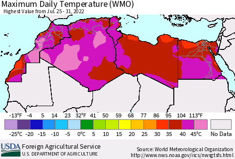 North Africa Maximum Daily Temperature (WMO) Thematic Map For 7/25/2022 - 7/31/2022