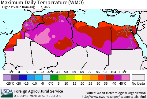 North Africa Maximum Daily Temperature (WMO) Thematic Map For 8/1/2022 - 8/7/2022