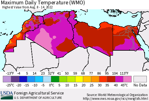 North Africa Maximum Daily Temperature (WMO) Thematic Map For 8/8/2022 - 8/14/2022