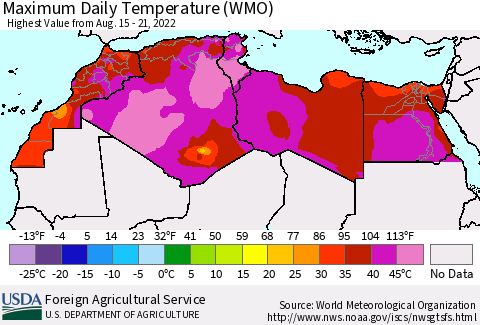 North Africa Maximum Daily Temperature (WMO) Thematic Map For 8/15/2022 - 8/21/2022