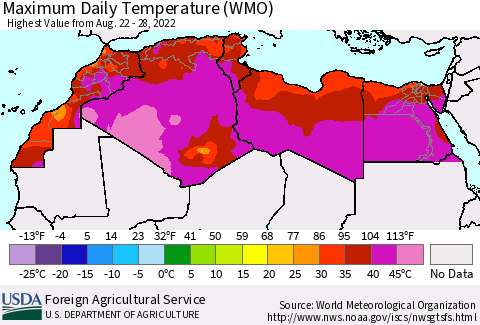North Africa Maximum Daily Temperature (WMO) Thematic Map For 8/22/2022 - 8/28/2022