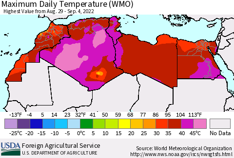 North Africa Maximum Daily Temperature (WMO) Thematic Map For 8/29/2022 - 9/4/2022