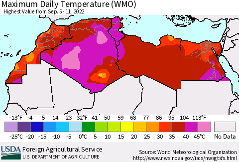 North Africa Maximum Daily Temperature (WMO) Thematic Map For 9/5/2022 - 9/11/2022