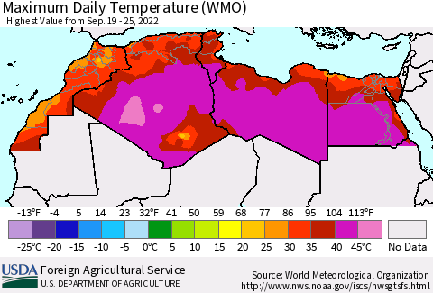 North Africa Maximum Daily Temperature (WMO) Thematic Map For 9/19/2022 - 9/25/2022