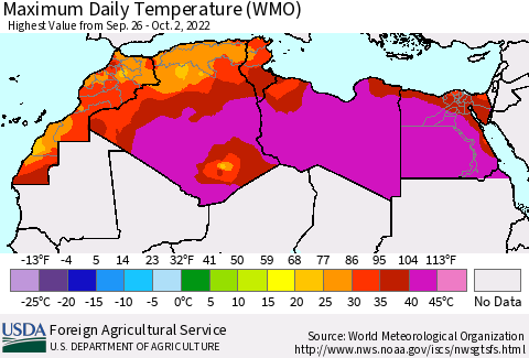 North Africa Maximum Daily Temperature (WMO) Thematic Map For 9/26/2022 - 10/2/2022