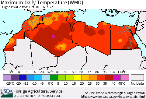 North Africa Maximum Daily Temperature (WMO) Thematic Map For 10/10/2022 - 10/16/2022