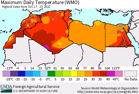 North Africa Maximum Daily Temperature (WMO) Thematic Map For 10/17/2022 - 10/23/2022