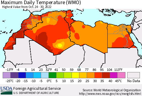 North Africa Maximum Daily Temperature (WMO) Thematic Map For 10/24/2022 - 10/30/2022