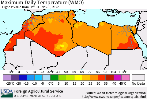 North Africa Maximum Daily Temperature (WMO) Thematic Map For 10/31/2022 - 11/6/2022