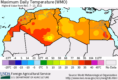 North Africa Maximum Daily Temperature (WMO) Thematic Map For 11/7/2022 - 11/13/2022